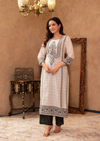 Juniper Black & White Ethnic Motif Printed Viscose Kurta With Cotton Lace & Sequins | Grocsy