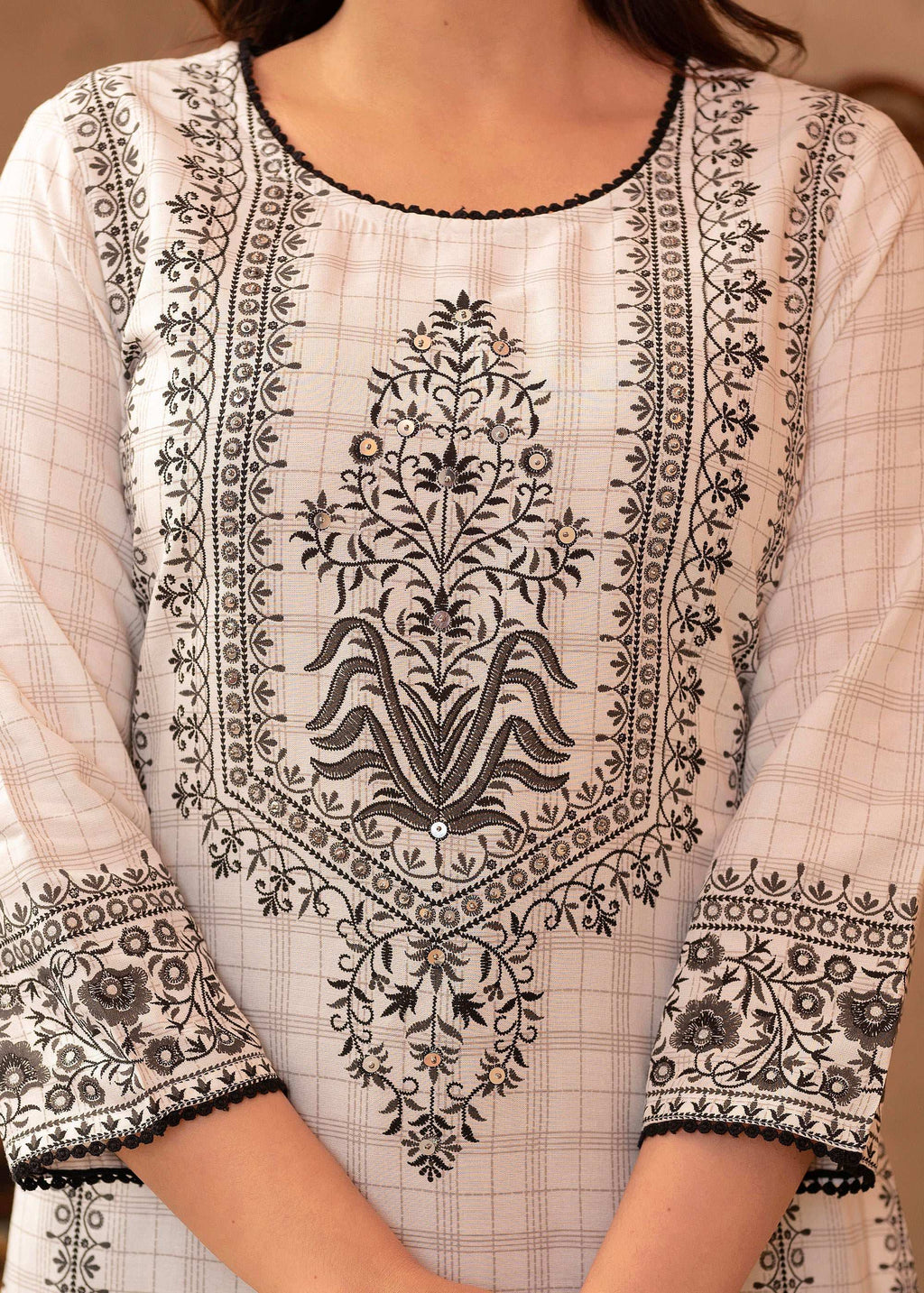 Juniper Black & White Ethnic Motif Printed Viscose Kurta with Cotton Lace & Sequins | Grocsy