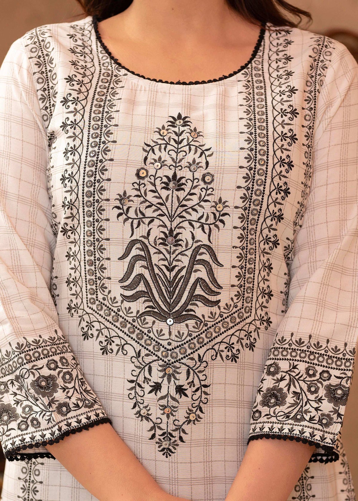 Juniper Black & White Ethnic Motif Printed Viscose Kurta with Cotton Lace & Sequins | Grocsy