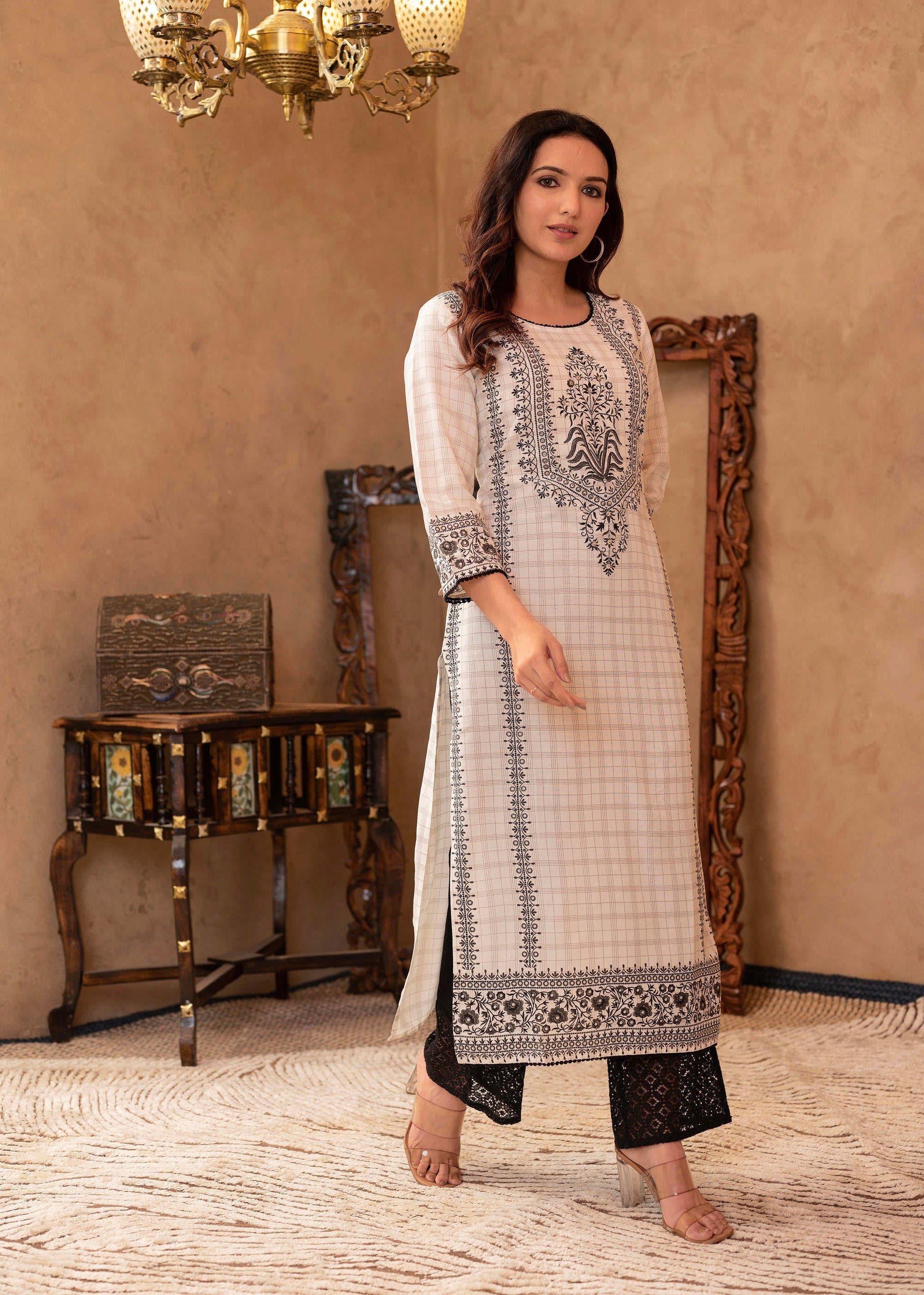 Juniper Black & White Ethnic Motif Printed Viscose Kurta with Cotton Lace & Sequins | Grocsy