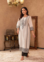 Juniper Black & White Ethnic Motif Printed Viscose Kurta with Cotton Lace & Sequins | Grocsy