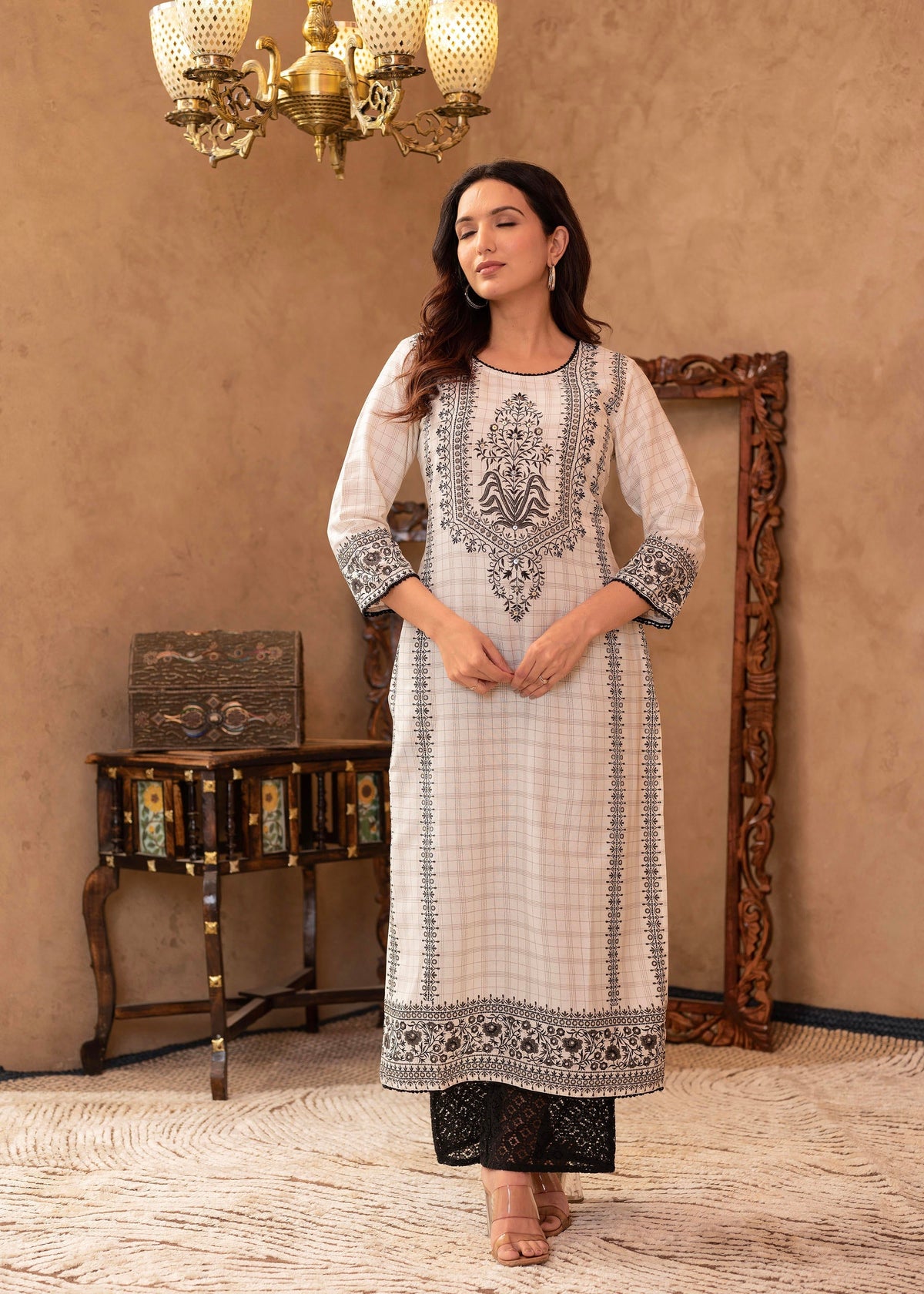 Juniper Black & White Ethnic Motif Printed Viscose Kurta with Cotton Lace & Sequins | Grocsy