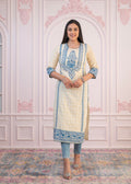 Juniper Blue Viscose Printed Kurta with Ethnic Motifs, Cotton Lace, Sequins & Bead Work | Grocsy