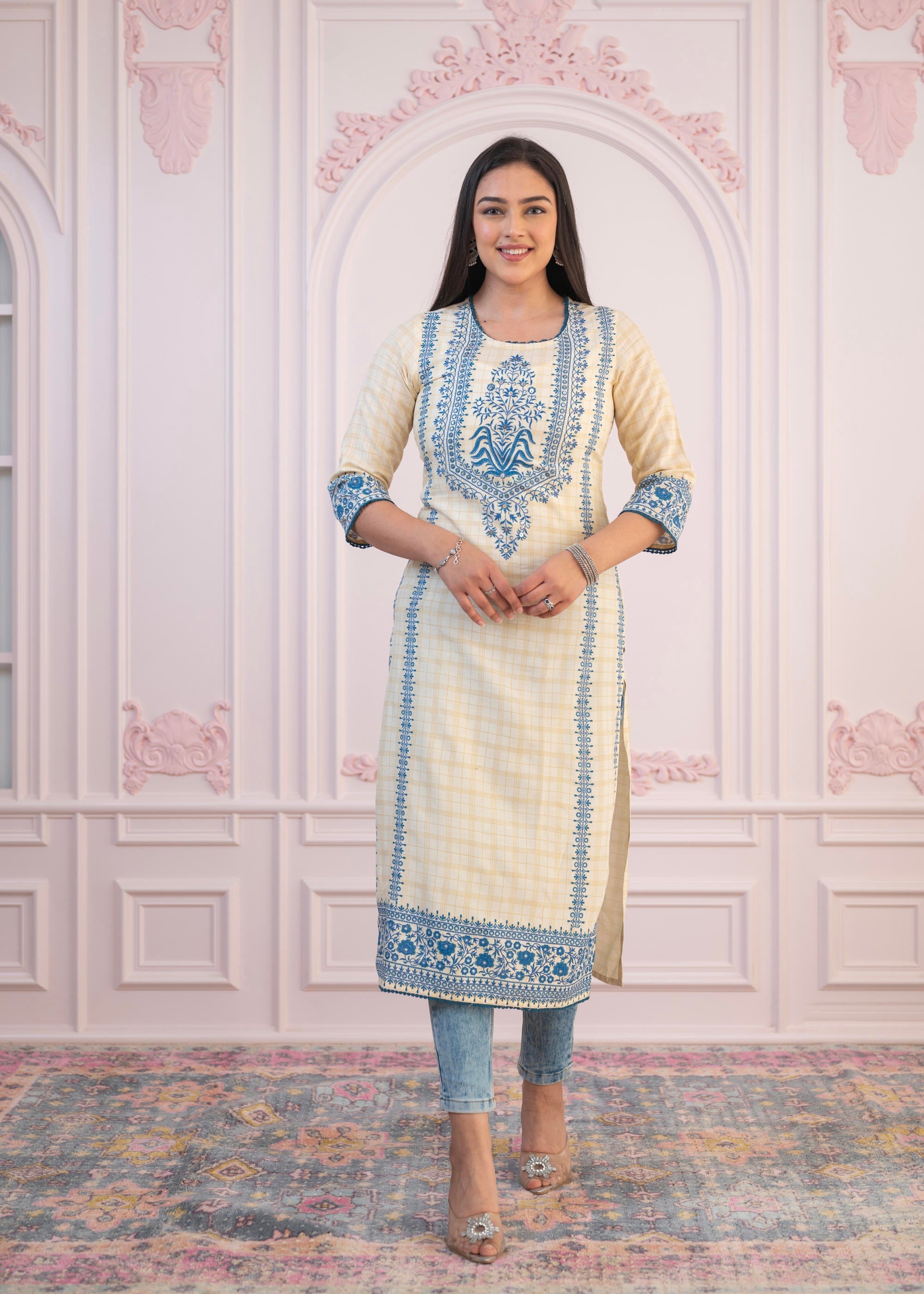 Juniper Blue Viscose Printed Kurta With Ethnic Motifs, Cotton Lace, Sequins & Bead Work | Grocsy