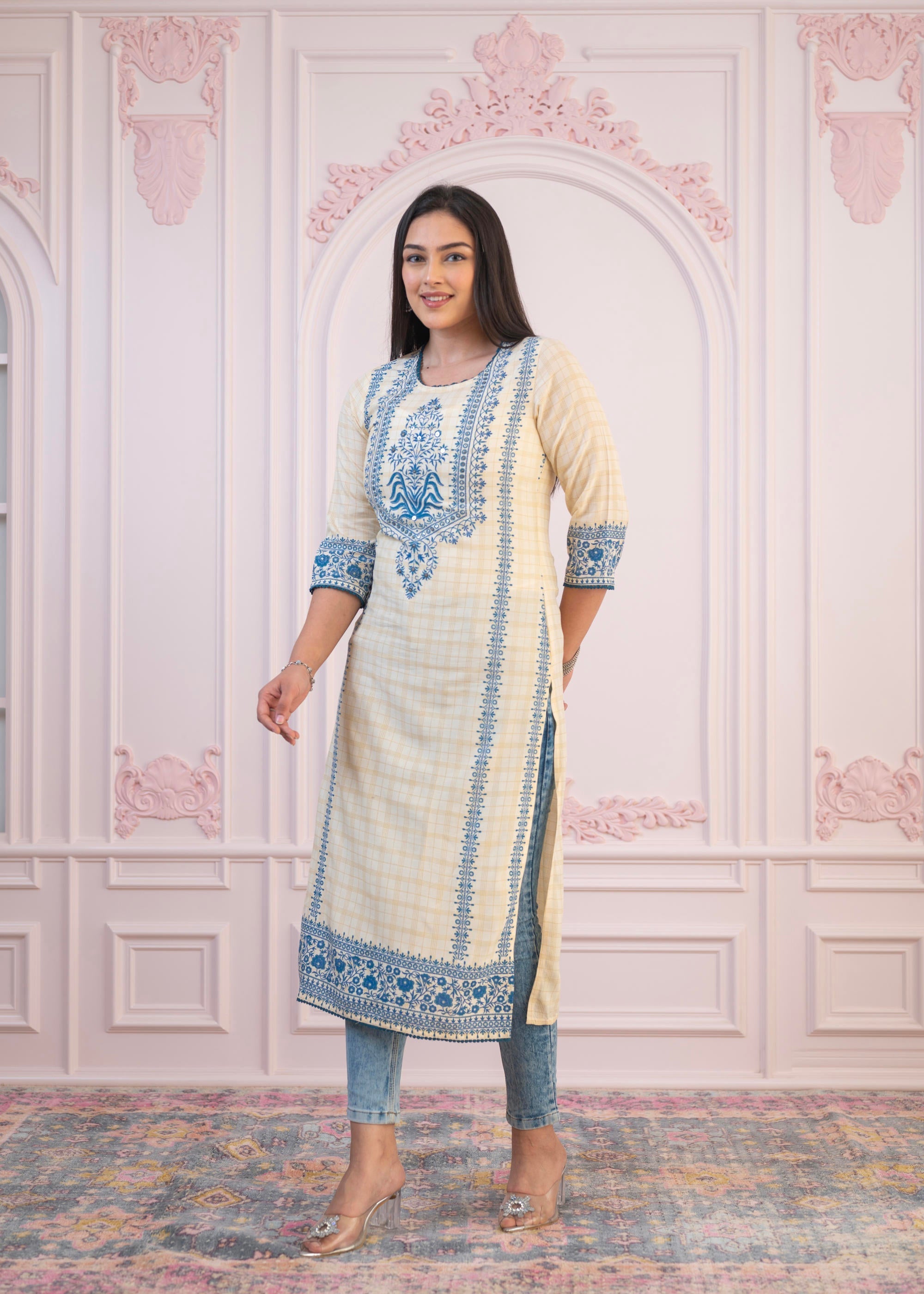 Juniper Blue Viscose Printed Kurta with Ethnic Motifs, Cotton Lace, Sequins & Bead Work | Grocsy