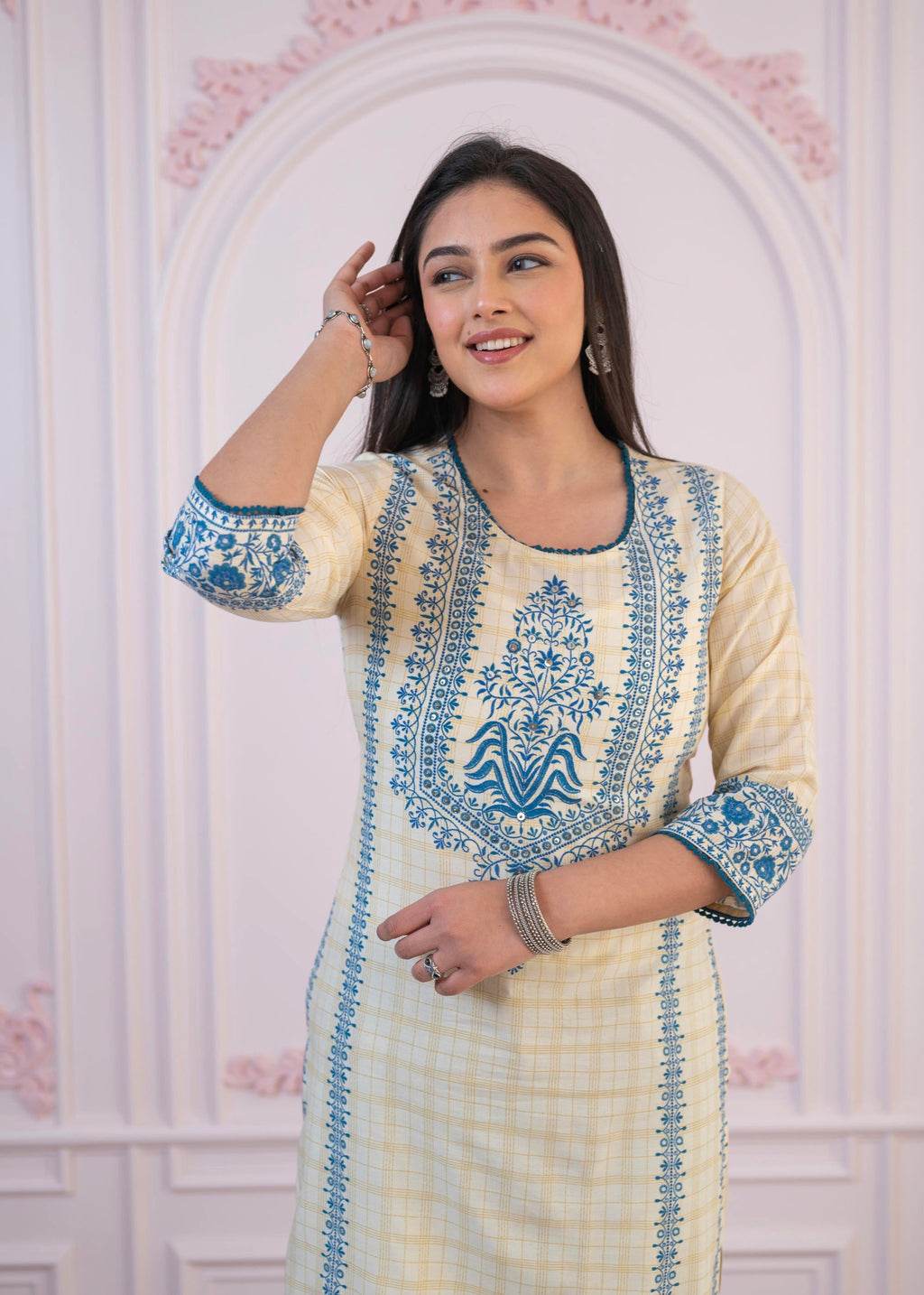 Juniper Blue Viscose Printed Kurta with Ethnic Motifs, Cotton Lace, Sequins & Bead Work | Grocsy