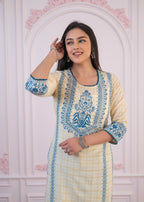 Juniper Blue Viscose Printed Kurta with Ethnic Motifs, Cotton Lace, Sequins & Bead Work | Grocsy