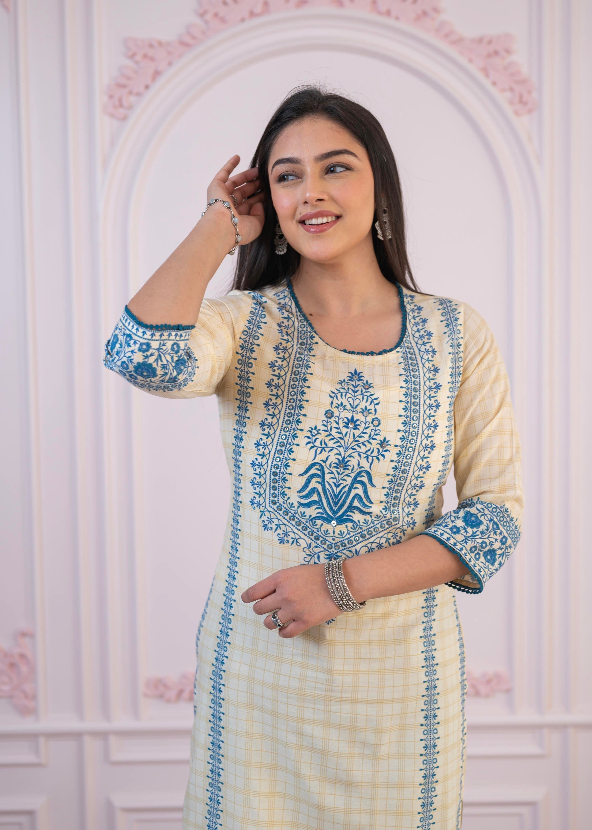 Juniper Blue Viscose Printed Kurta with Ethnic Motifs, Cotton Lace, Sequins & Bead Work | Grocsy