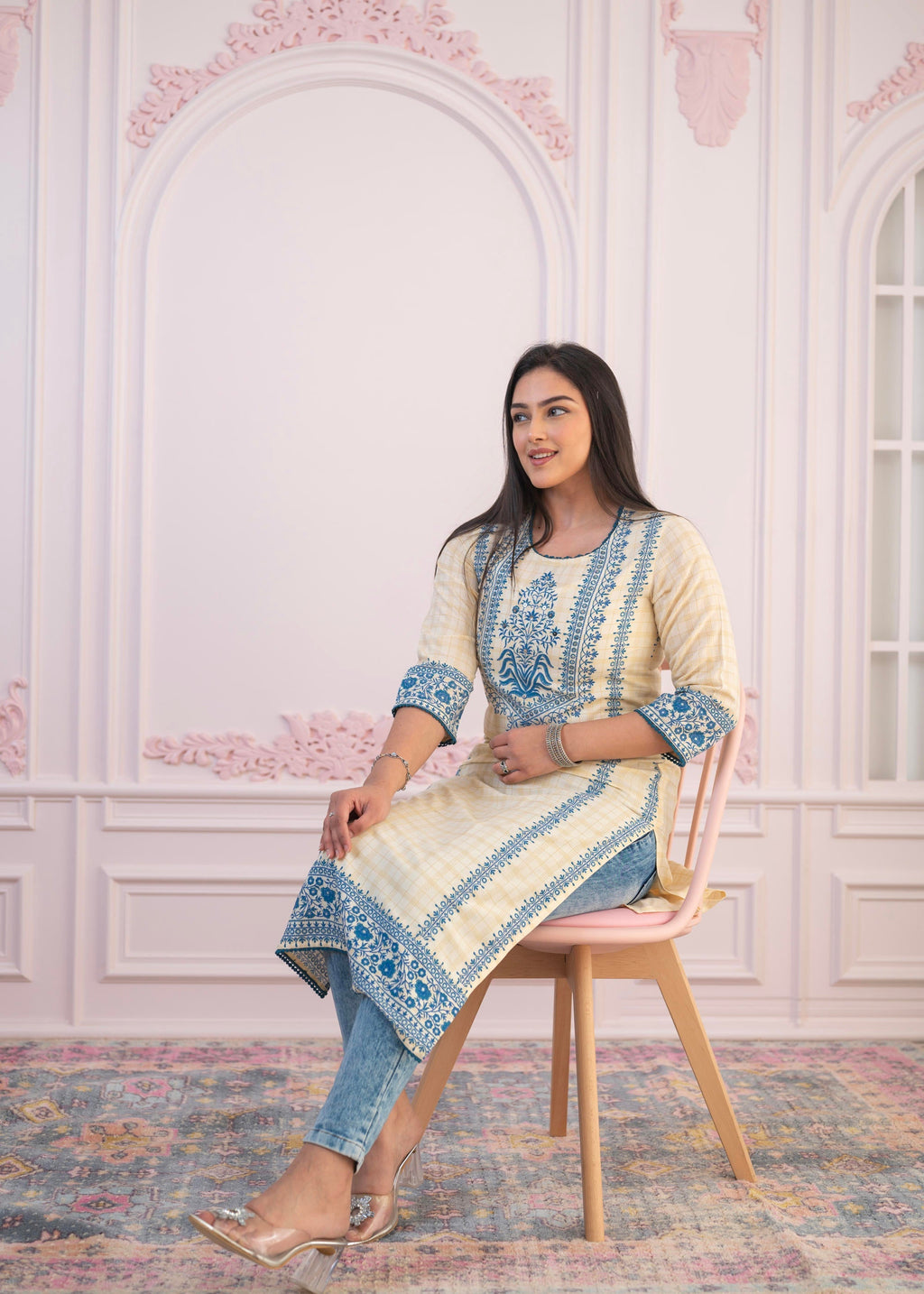 Juniper Blue Viscose Printed Kurta with Ethnic Motifs, Cotton Lace, Sequins & Bead Work | Grocsy