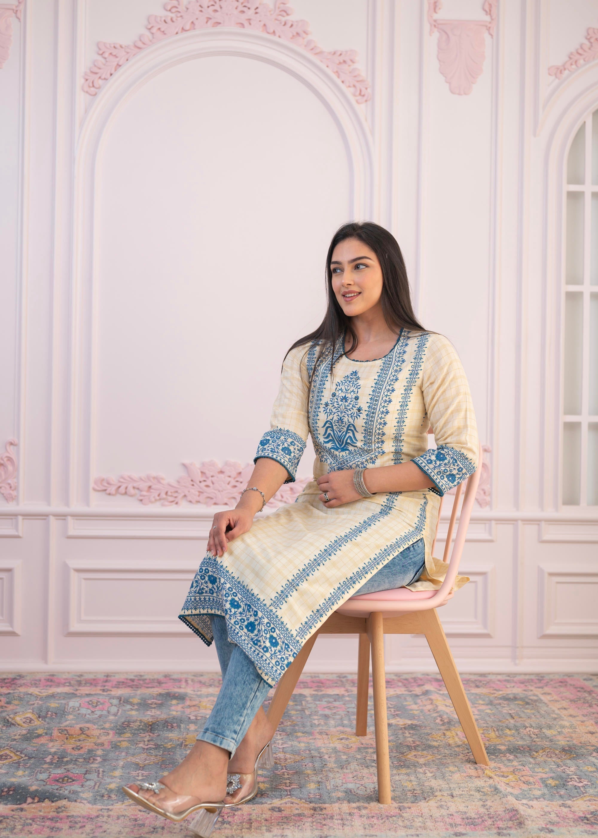 Juniper Blue Viscose Printed Kurta with Ethnic Motifs, Cotton Lace, Sequins & Bead Work | Grocsy