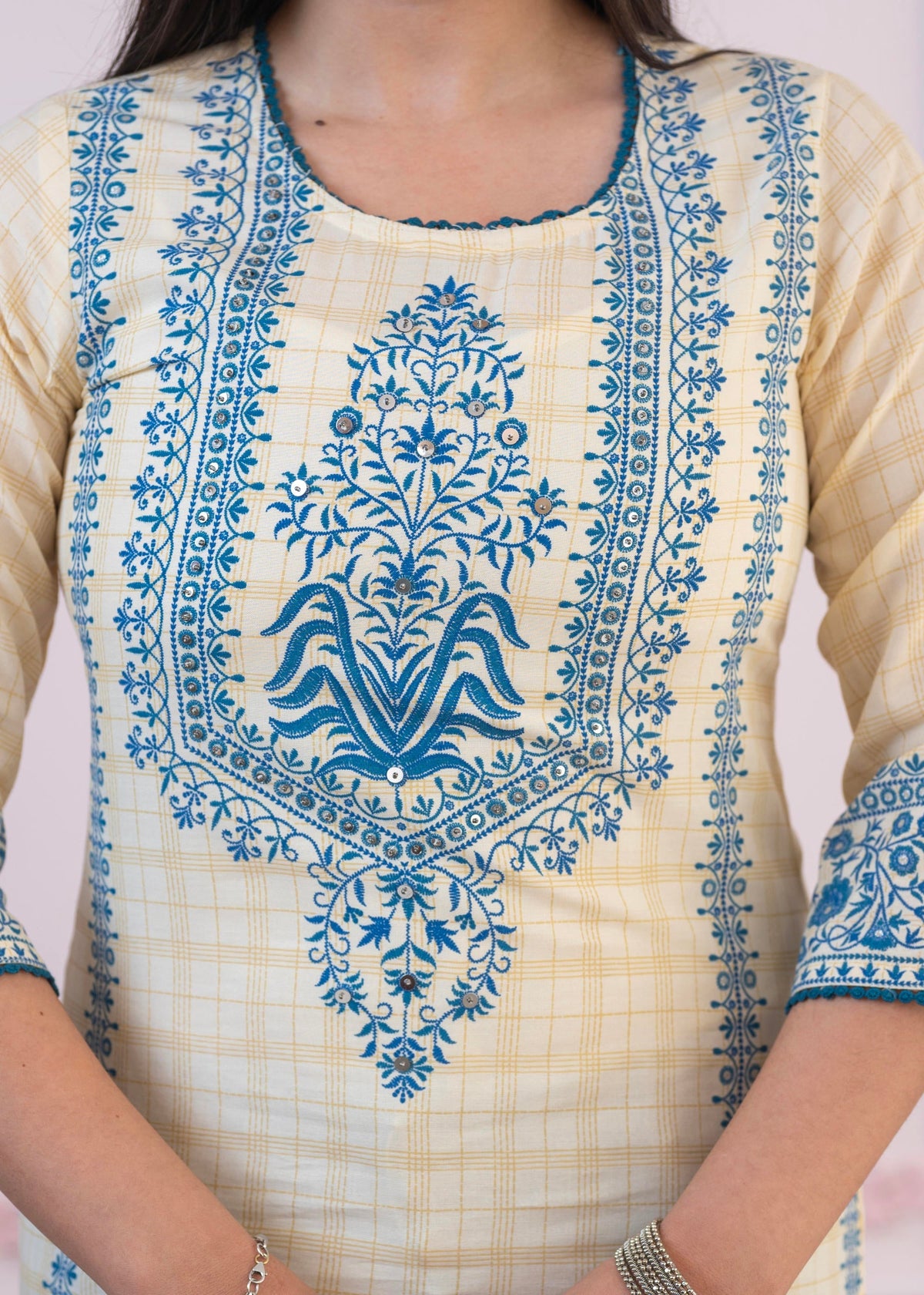 Juniper Blue Viscose Printed Kurta with Ethnic Motifs, Cotton Lace, Sequins & Bead Work | Grocsy