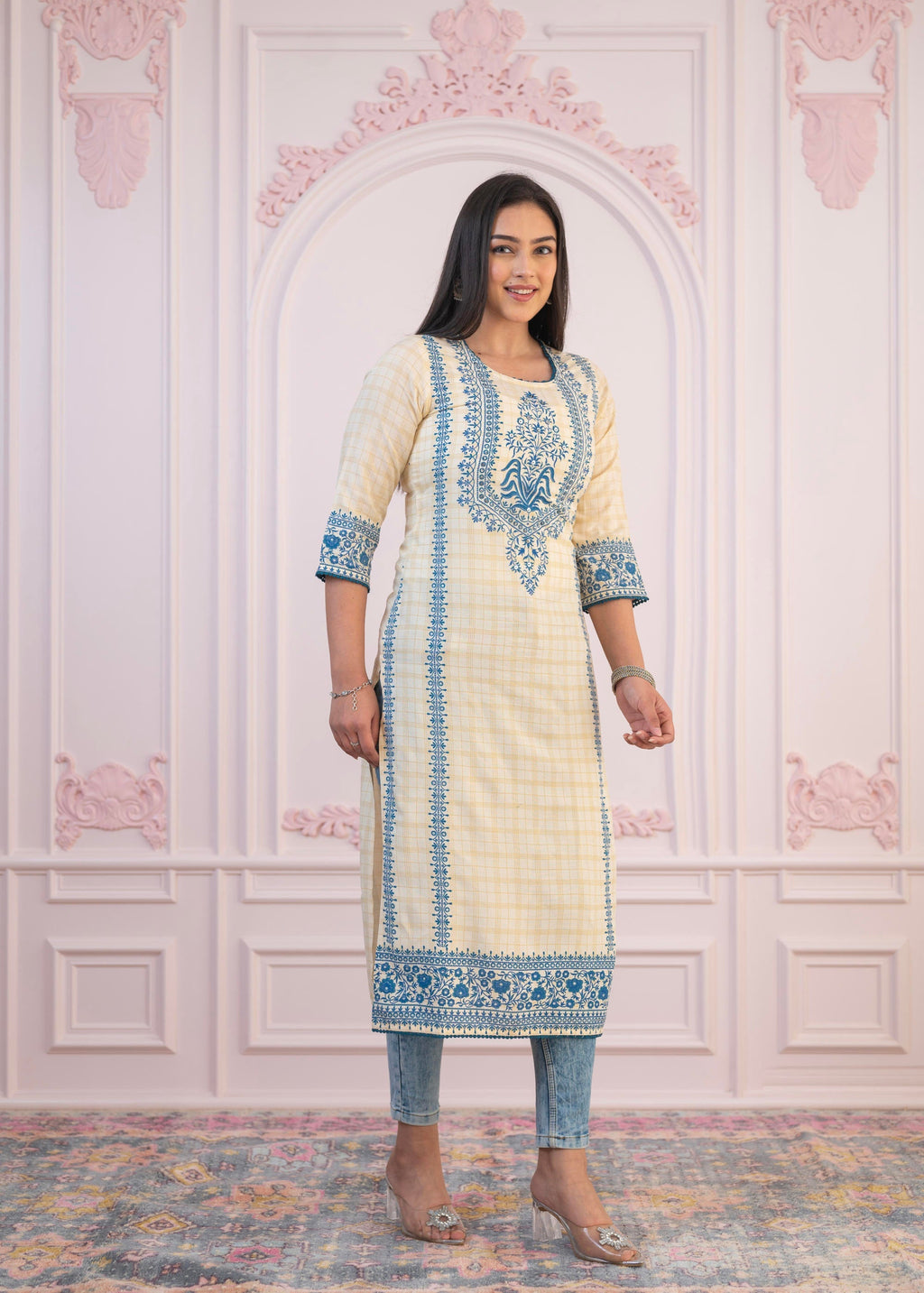 Juniper Blue Viscose Printed Kurta with Ethnic Motifs, Cotton Lace, Sequins & Bead Work | Grocsy