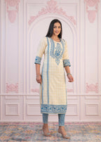 Juniper Blue Viscose Printed Kurta with Ethnic Motifs, Cotton Lace, Sequins & Bead Work | Grocsy