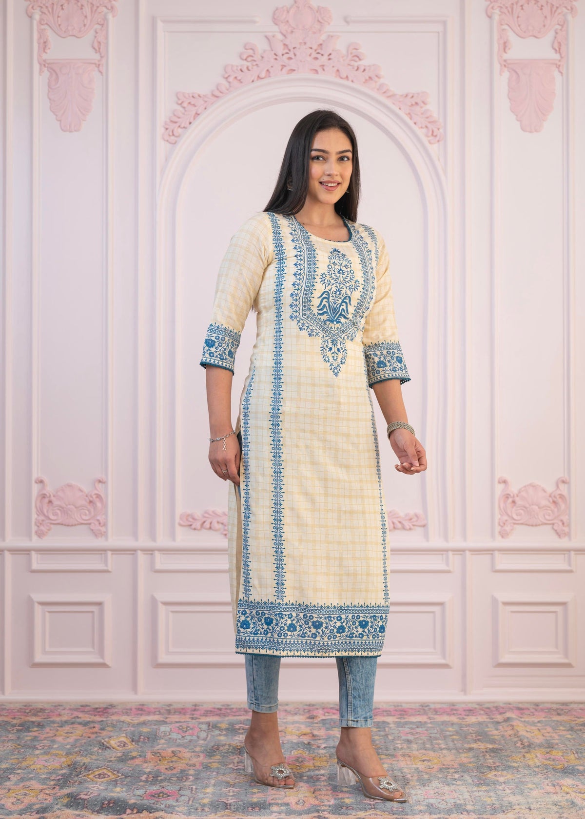 Juniper Blue Viscose Printed Kurta with Ethnic Motifs, Cotton Lace, Sequins & Bead Work | Grocsy