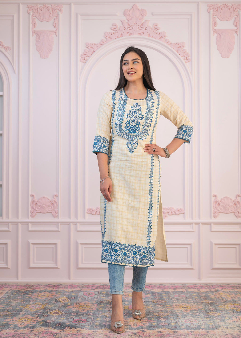 Juniper Blue Viscose Printed Kurta with Ethnic Motifs, Cotton Lace, Sequins & Bead Work | Grocsy