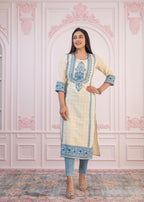 Juniper Blue Viscose Printed Kurta with Ethnic Motifs, Cotton Lace, Sequins & Bead Work | Grocsy