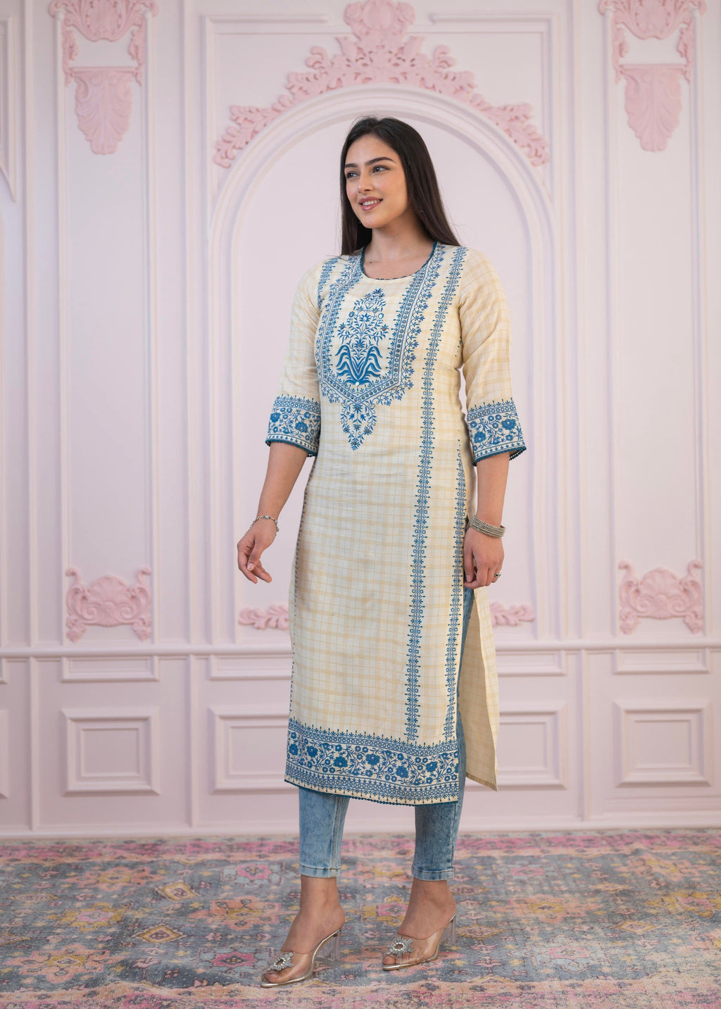 Juniper Blue Viscose Printed Kurta with Ethnic Motifs, Cotton Lace, Sequins & Bead Work | Grocsy