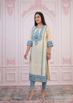 Juniper Blue Viscose Printed Kurta with Ethnic Motifs, Cotton Lace, Sequins & Bead Work | Grocsy