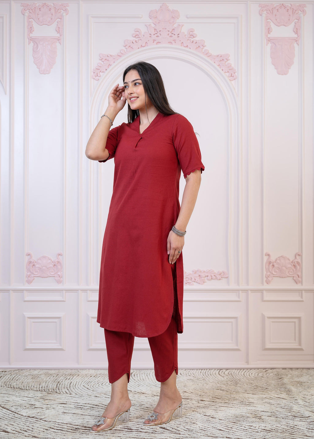 Juniper Maroon Cotton Linen Pleated Kurta-Pant Set with Cotton Lace | Grocsy