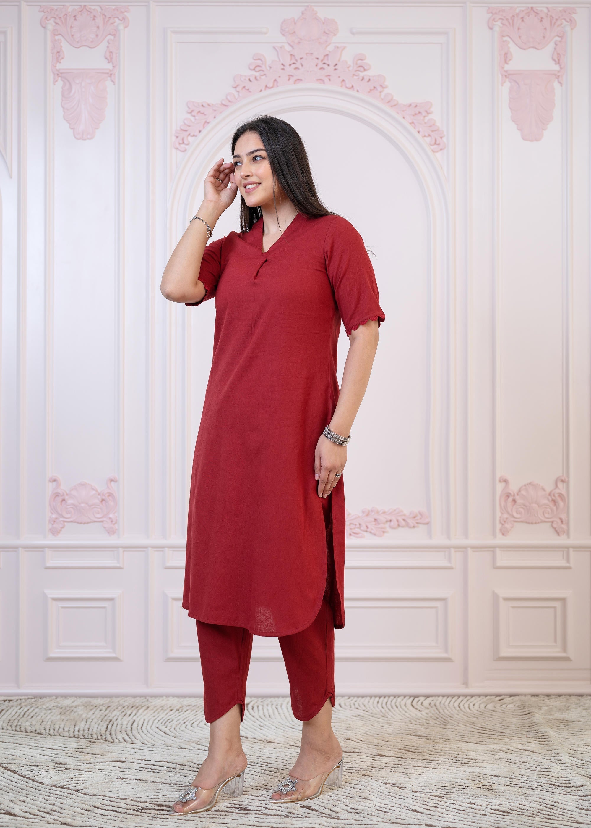 Juniper Maroon Cotton Linen Pleated Kurta-Pant Set with Cotton Lace | Grocsy