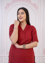 Juniper Maroon Cotton Linen Pleated Kurta-Pant Set with Cotton Lace | Grocsy