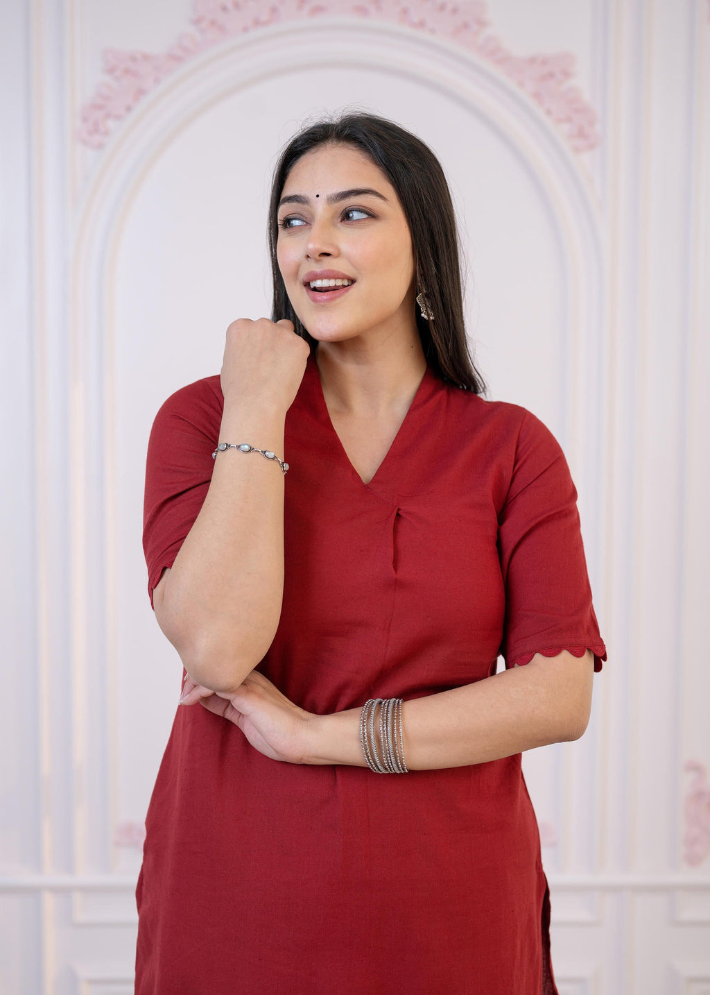Juniper Maroon Cotton Linen Pleated Kurta-Pant Set With Cotton Lace | Grocsy
