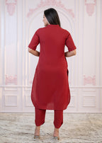 Juniper Maroon Cotton Linen Pleated Kurta-Pant Set with Cotton Lace | Grocsy