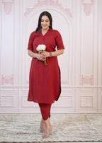 Juniper Maroon Cotton Linen Pleated Kurta-Pant Set with Cotton Lace | Grocsy