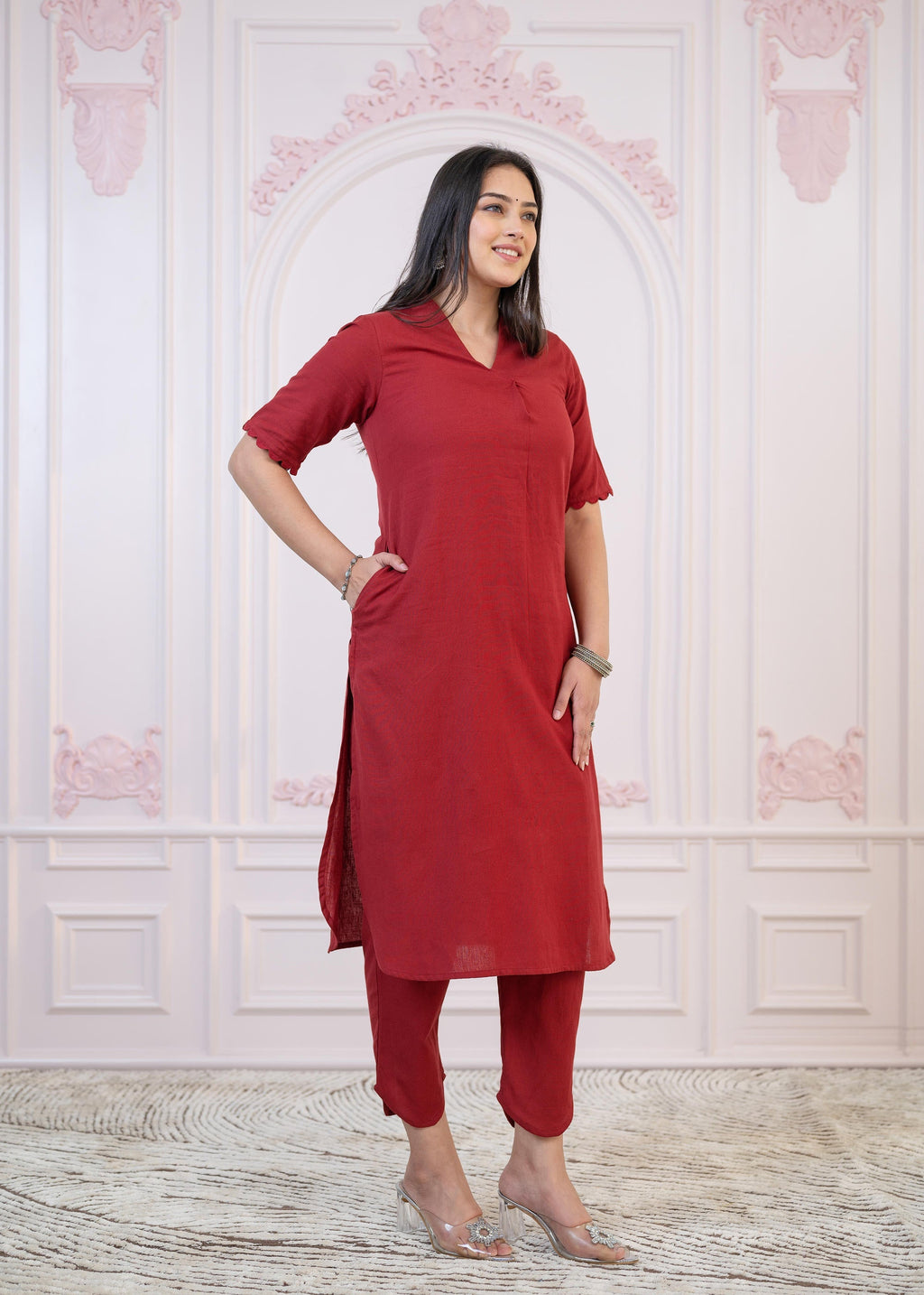 Juniper Maroon Cotton Linen Pleated Kurta-Pant Set with Cotton Lace | Grocsy