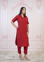 Juniper Maroon Cotton Linen Pleated Kurta-Pant Set with Cotton Lace | Grocsy