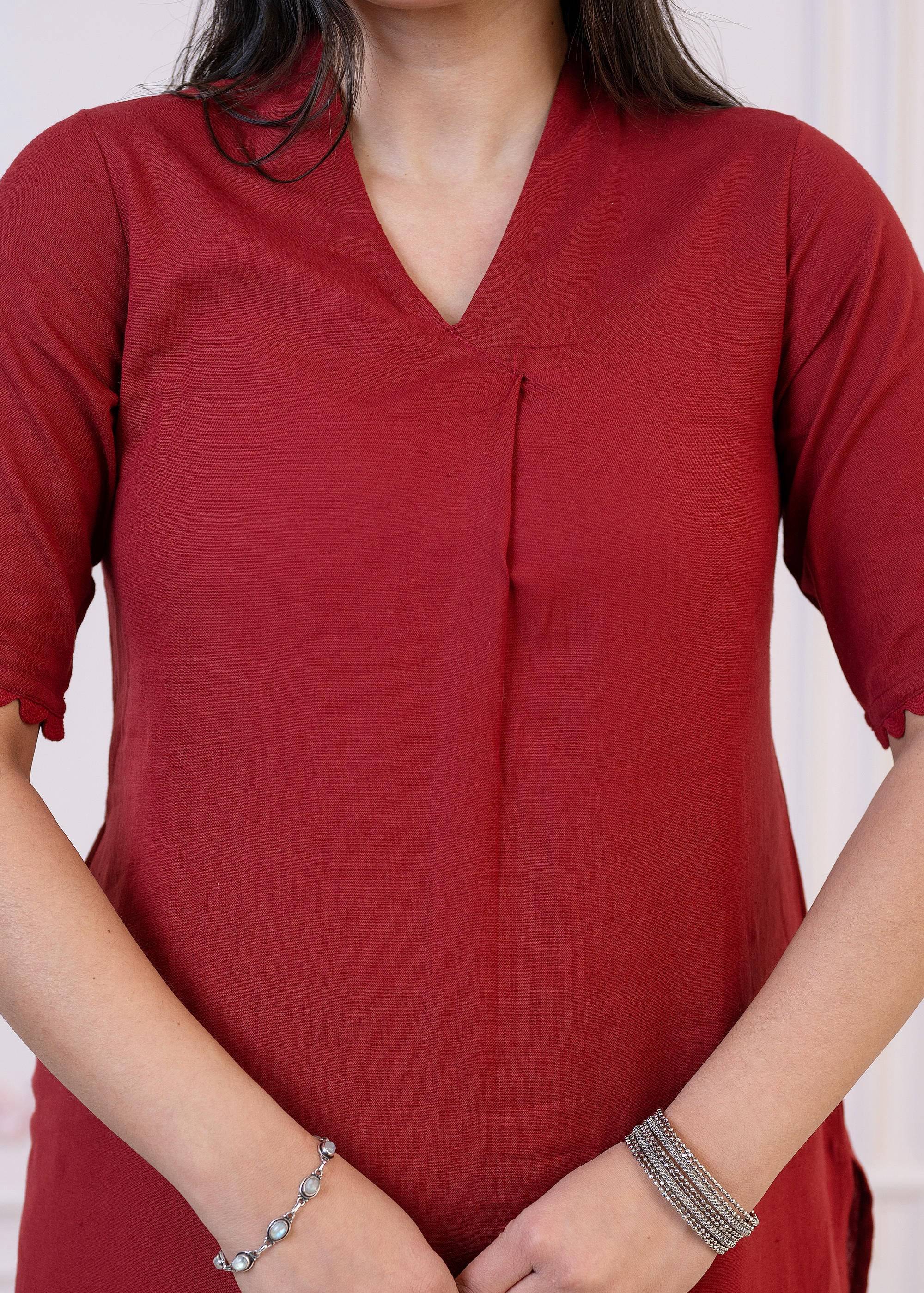 Juniper Maroon Cotton Linen Pleated Kurta-Pant Set with Cotton Lace | Grocsy