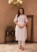 Juniper White Cotton Linen Pleated Kurta-Pant Set with Cotton Lace Detailing | Grocsy