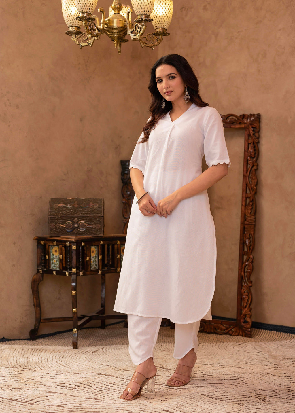 Juniper White Cotton Linen Pleated Kurta-Pant Set with Cotton Lace Detailing | Grocsy