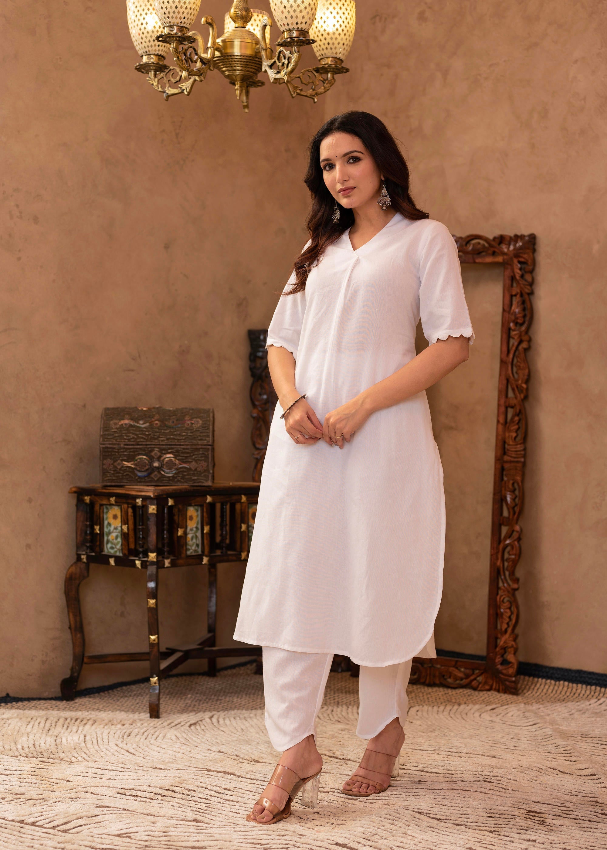 Juniper White Cotton Linen Pleated Kurta-Pant Set with Cotton Lace Detailing | Grocsy