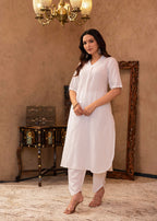 Juniper White Cotton Linen Pleated Kurta-Pant Set With Cotton Lace Detailing | Grocsy