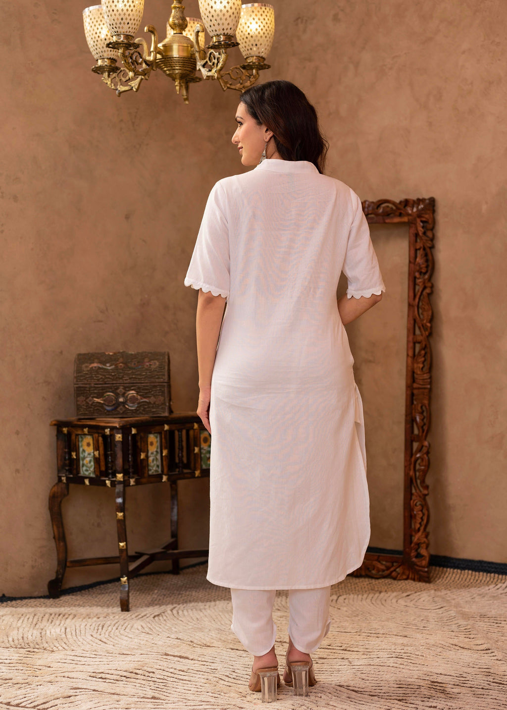 Juniper White Cotton Linen Pleated Kurta-Pant Set with Cotton Lace Detailing | Grocsy