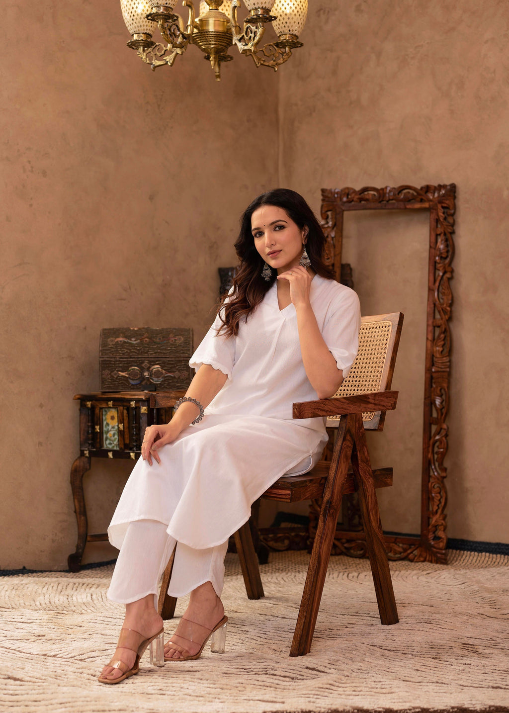 Juniper White Cotton Linen Pleated Kurta-Pant Set with Cotton Lace Detailing | Grocsy