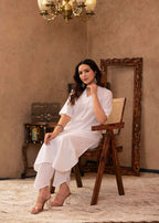 Juniper White Cotton Linen Pleated Kurta-Pant Set with Cotton Lace Detailing | Grocsy