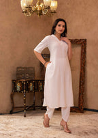 Juniper White Cotton Linen Pleated Kurta-Pant Set with Cotton Lace Detailing | Grocsy