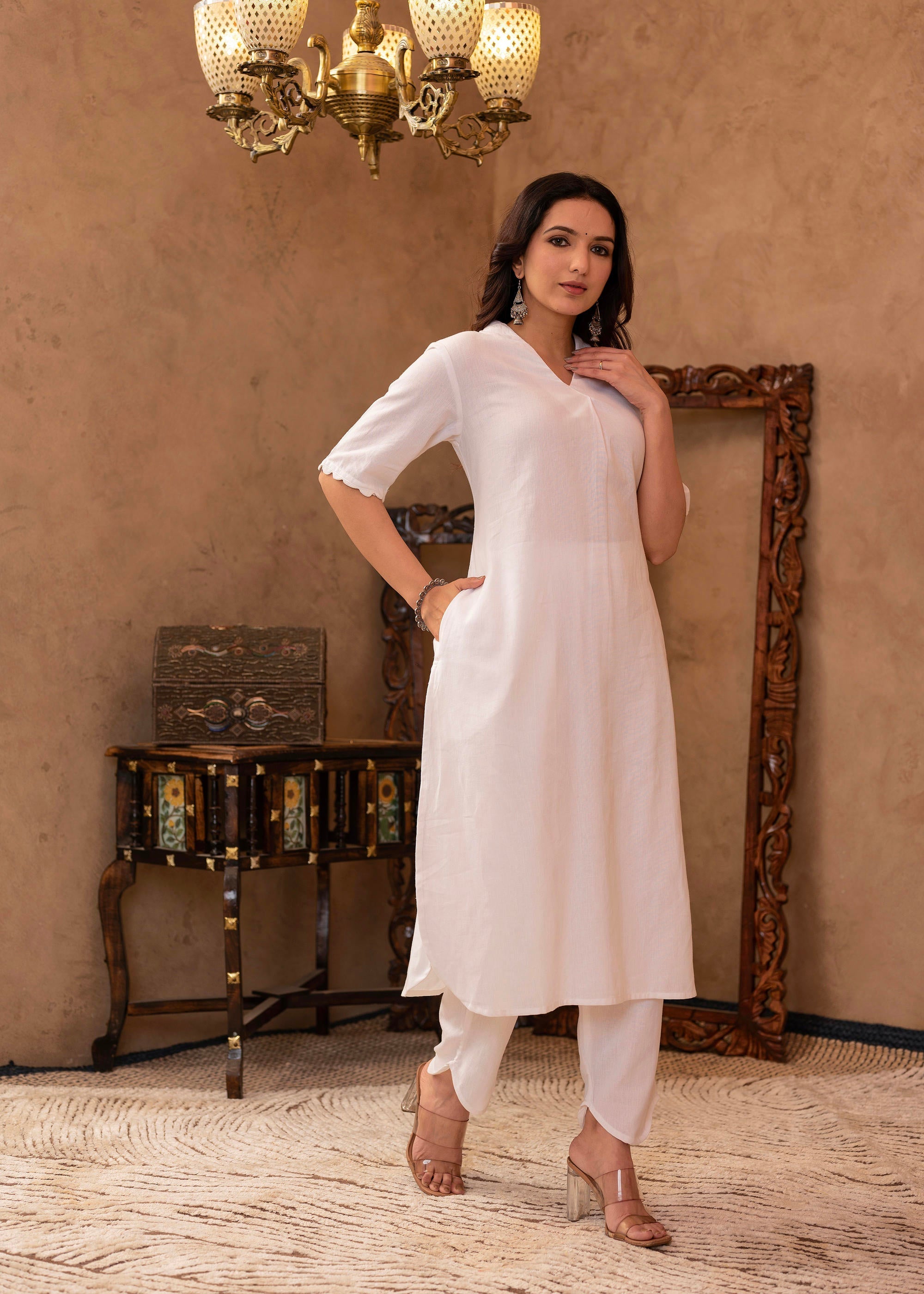 Juniper White Cotton Linen Pleated Kurta-Pant Set with Cotton Lace Detailing | Grocsy