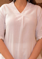 Juniper White Cotton Linen Pleated Kurta-Pant Set with Cotton Lace Detailing | Grocsy