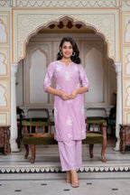 Juniper Lavender Floral Embroidered Cotton Slub Kurta with Palazzo & Hook Closure | Grocsy