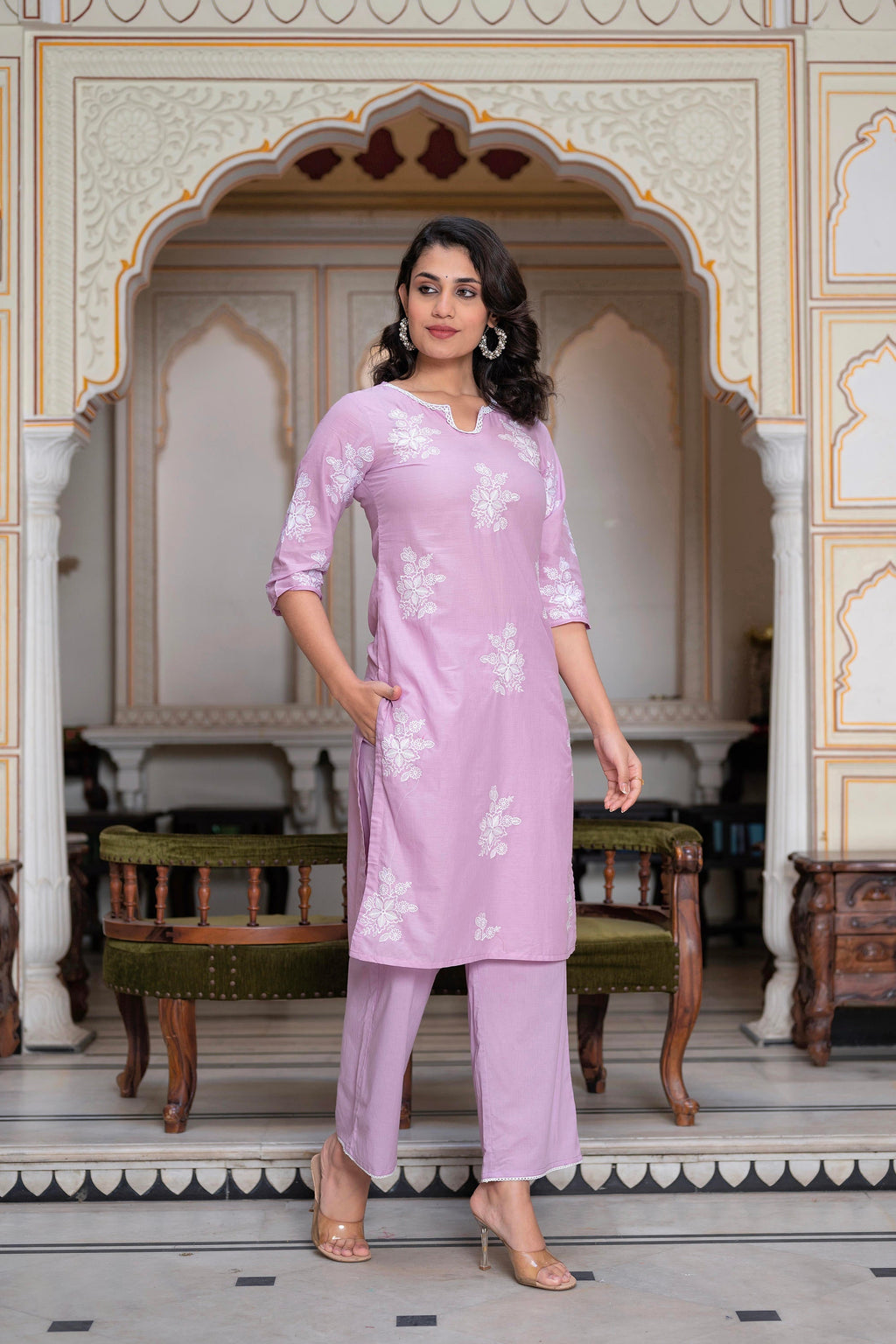 Juniper Lavender Floral Embroidered Cotton Slub Kurta With Palazzo & Hook Closure | Grocsy