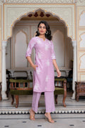 Juniper Lavender Floral Embroidered Cotton Slub Kurta With Palazzo & Hook Closure | Grocsy