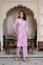 Juniper Lavender Floral Embroidered Cotton Slub Kurta With Palazzo & Hook Closure | Grocsy
