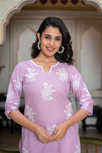 Juniper Lavender Floral Embroidered Cotton Slub Kurta with Palazzo & Hook Closure | Grocsy