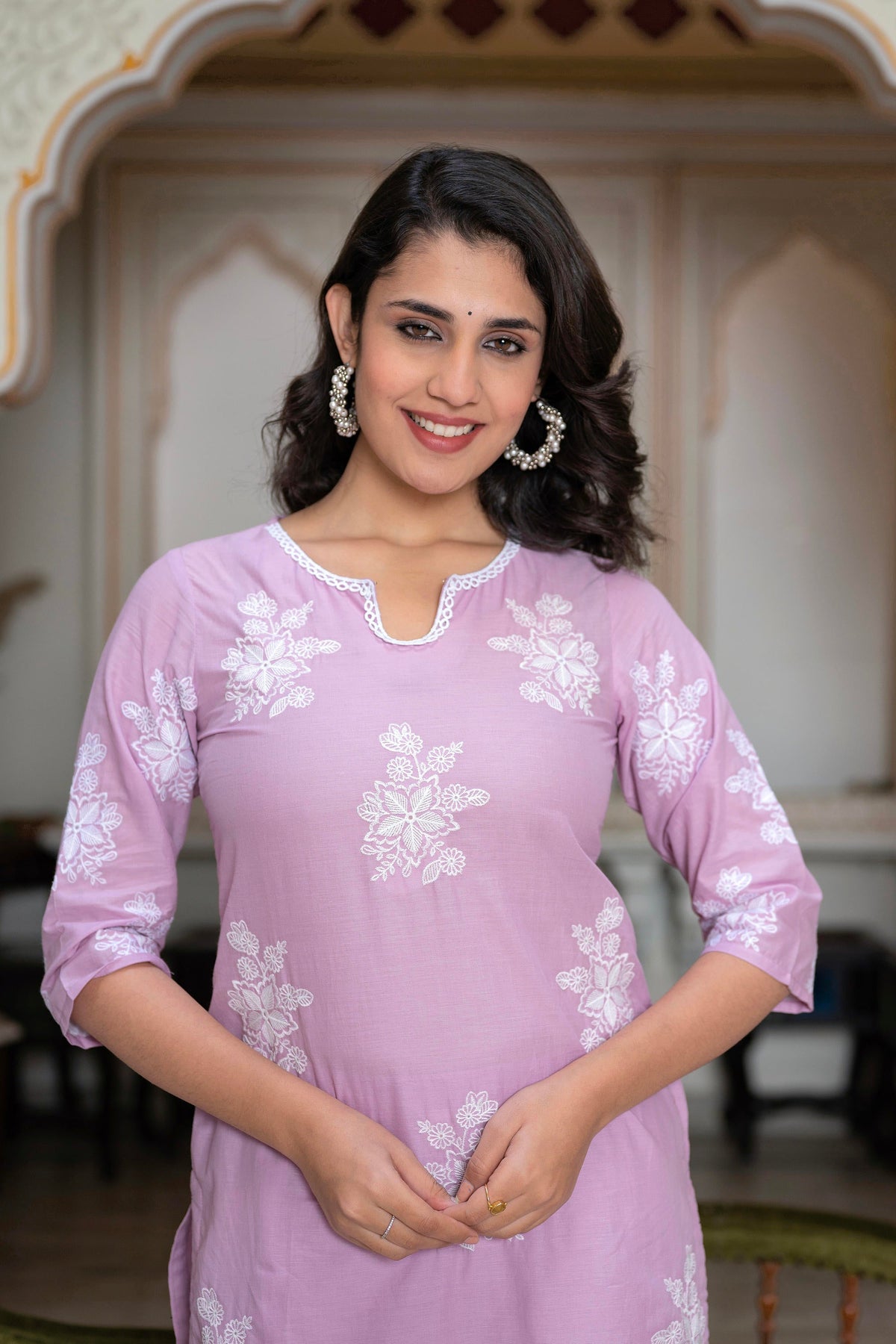 Juniper Lavender Floral Embroidered Cotton Slub Kurta With Palazzo & Hook Closure | Grocsy