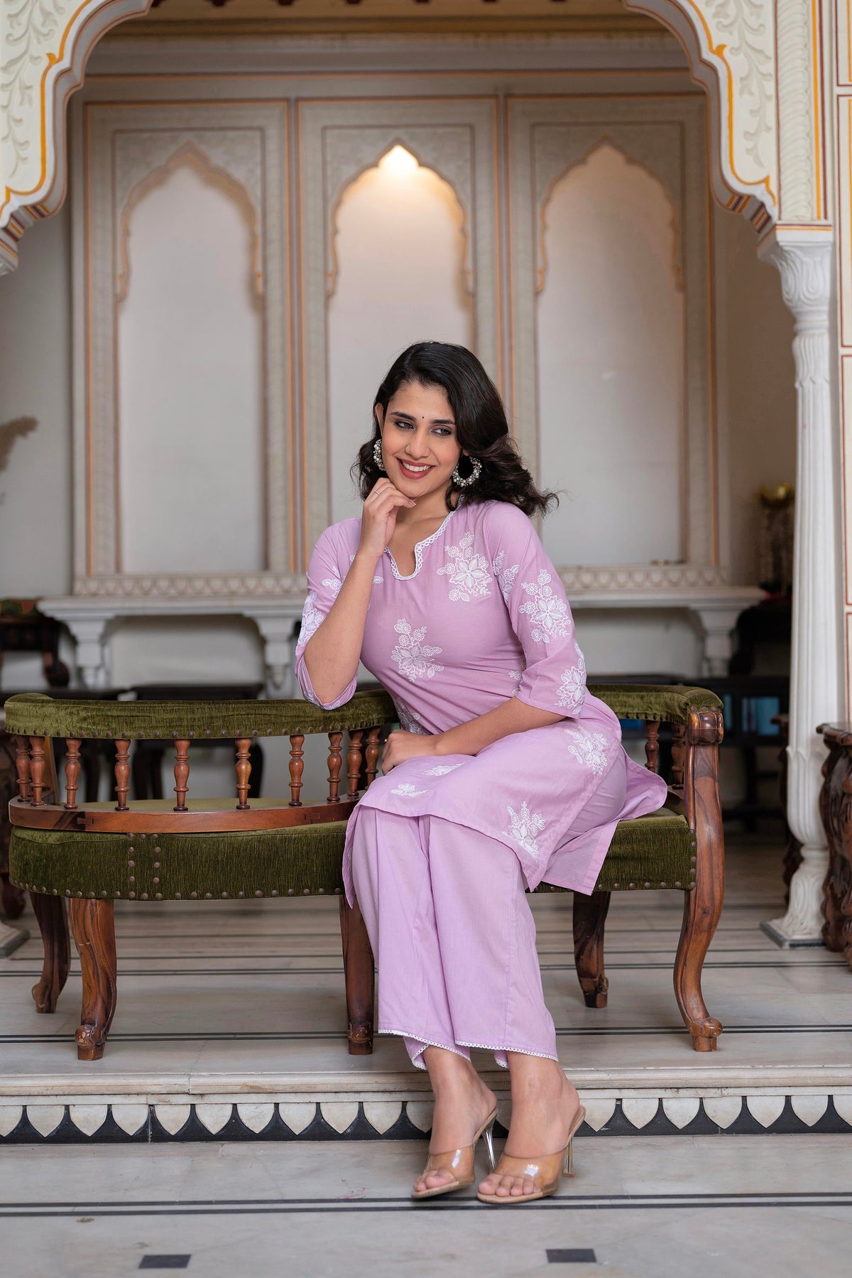 Juniper Lavender Floral Embroidered Cotton Slub Kurta With Palazzo & Hook Closure | Grocsy