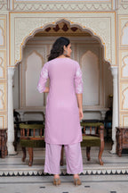 Juniper Lavender Floral Embroidered Cotton Slub Kurta With Palazzo & Hook Closure | Grocsy