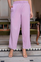 Juniper Lavender Floral Embroidered Cotton Slub Kurta with Palazzo & Hook Closure | Grocsy